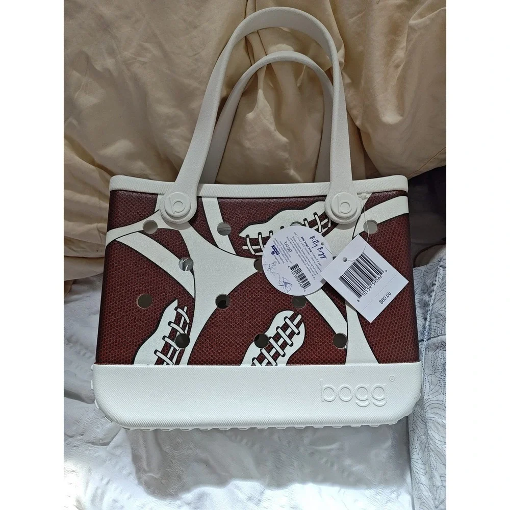 Baby Bogg Bag Tote Brown White Football Print Rubber Washable Beach Bag NWT
